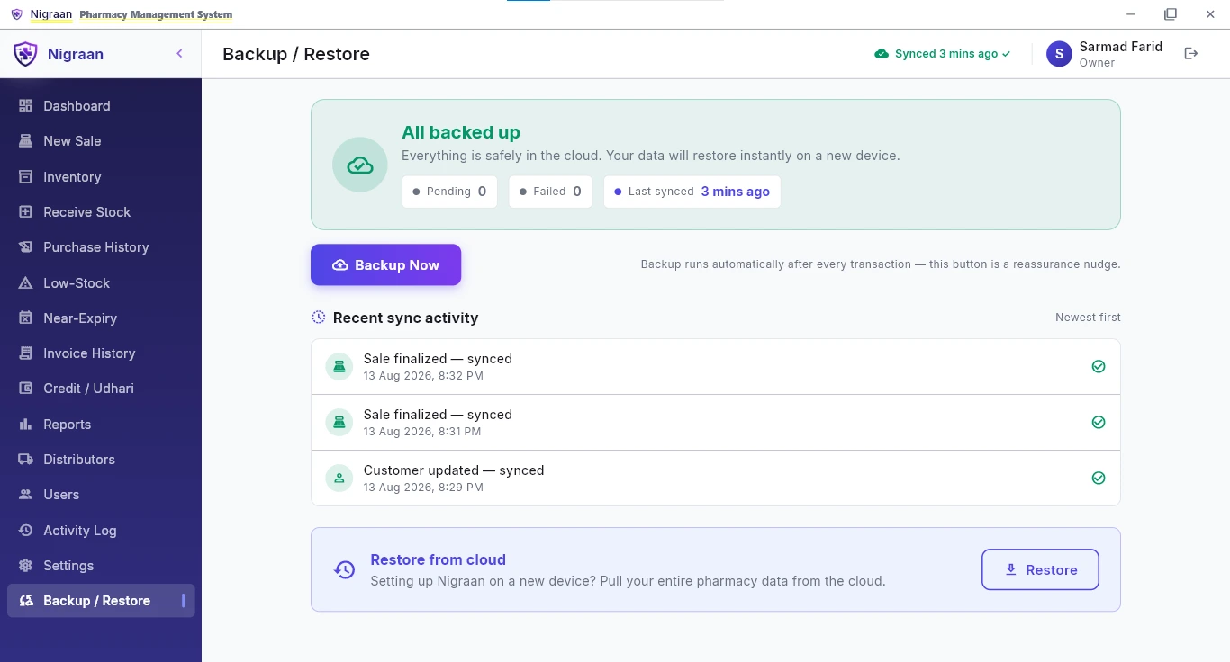 Nigraan Backup and Restore screen showing all data backed up to the cloud with recent sync activity