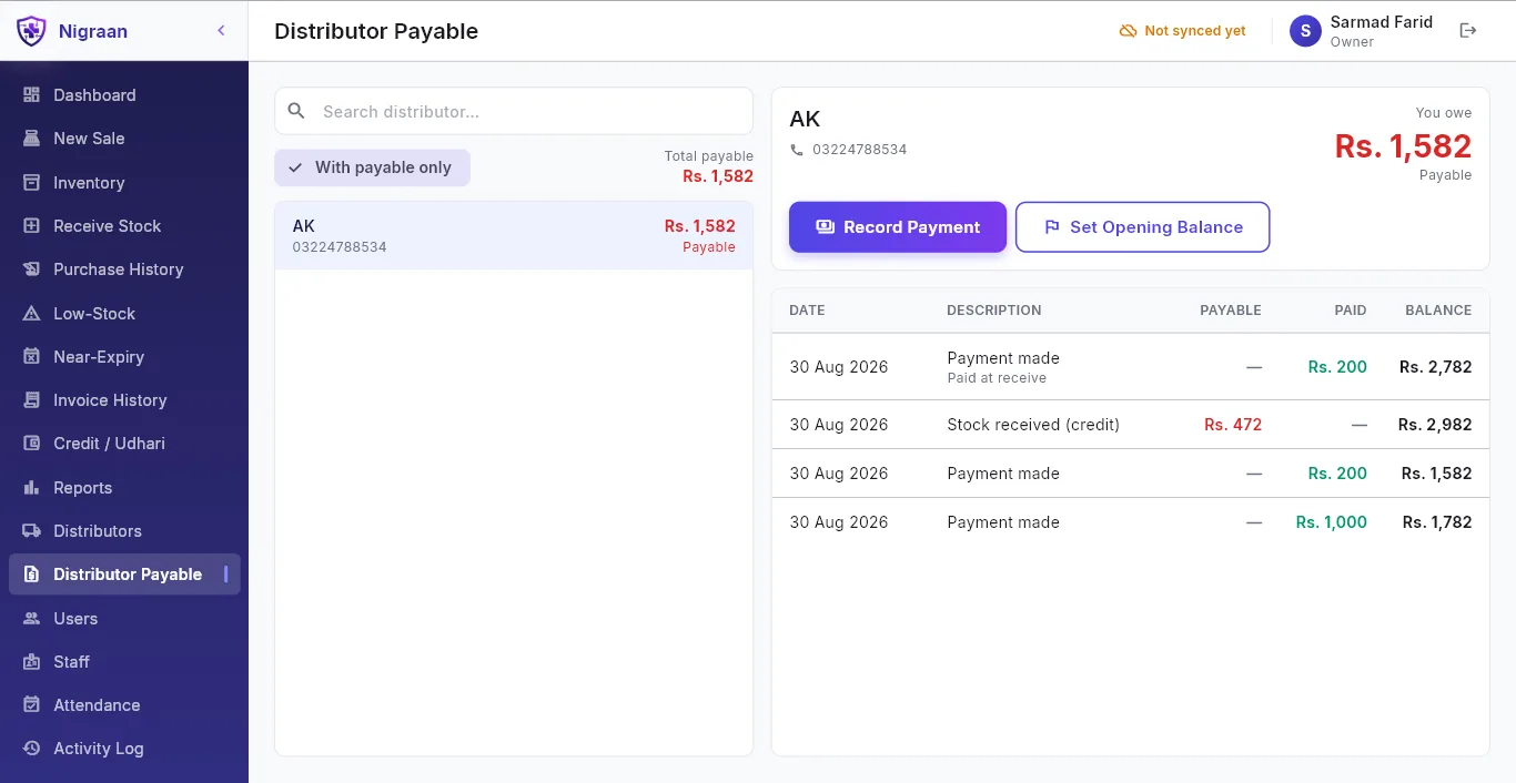 Nigraan distributor payable ledger showing how much the pharmacy owes each distributor, with a running balance per entry