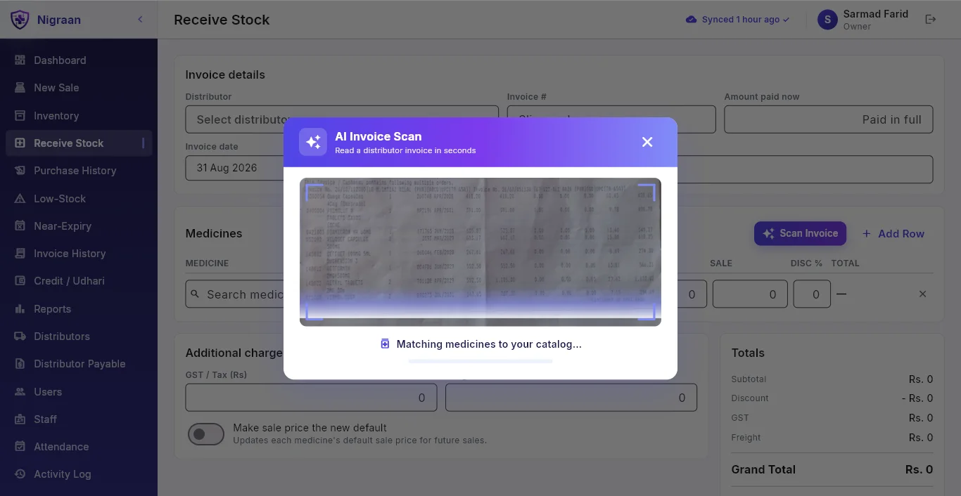 Nigraan AI Invoice Scan reading a photo of a distributor’s purchase invoice and matching the medicines to the pharmacy’s catalog