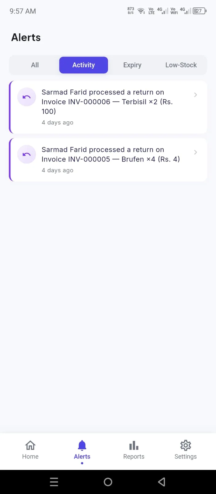 Owner app Alerts — Activity tab listing salesman returns and owner bill edits and deletions