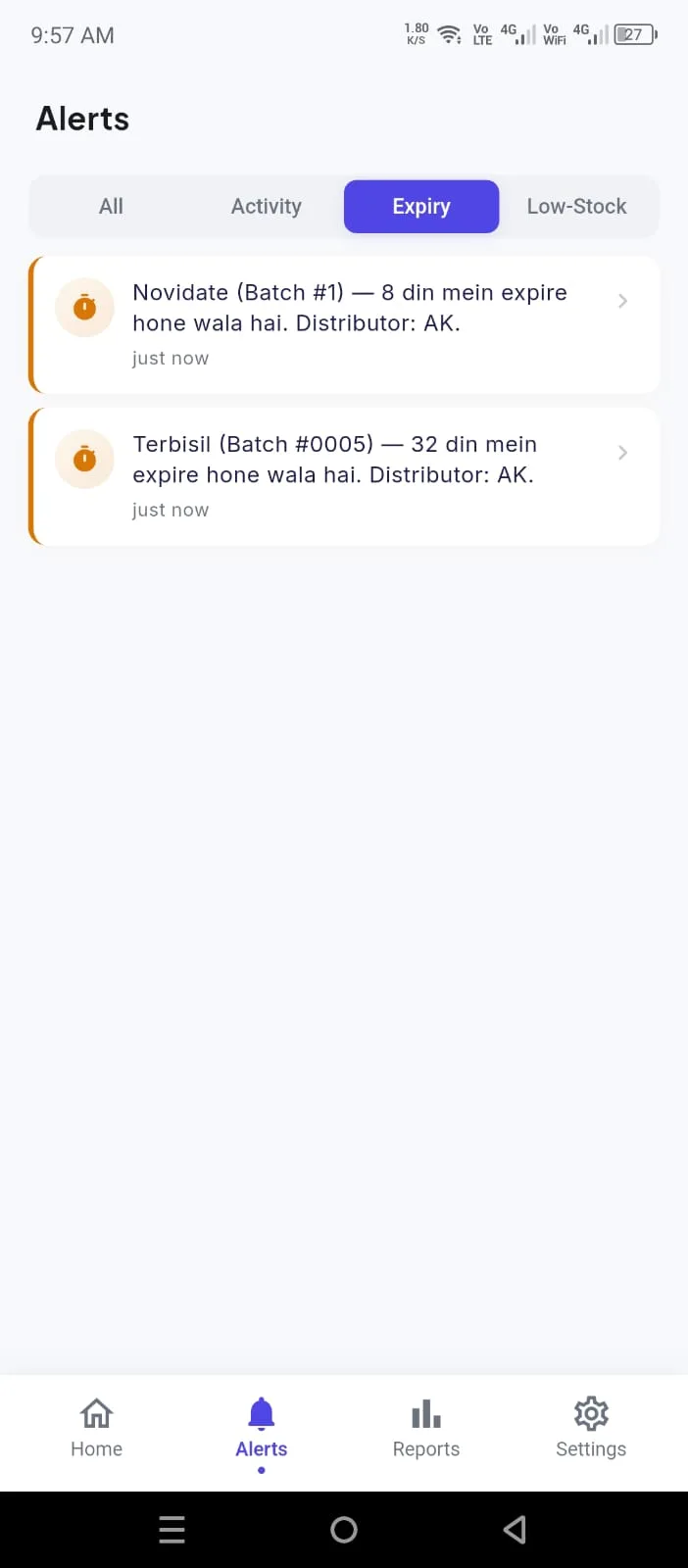 Owner app Alerts — Expiry tab listing batches nearing expiry with their distributor and days left
