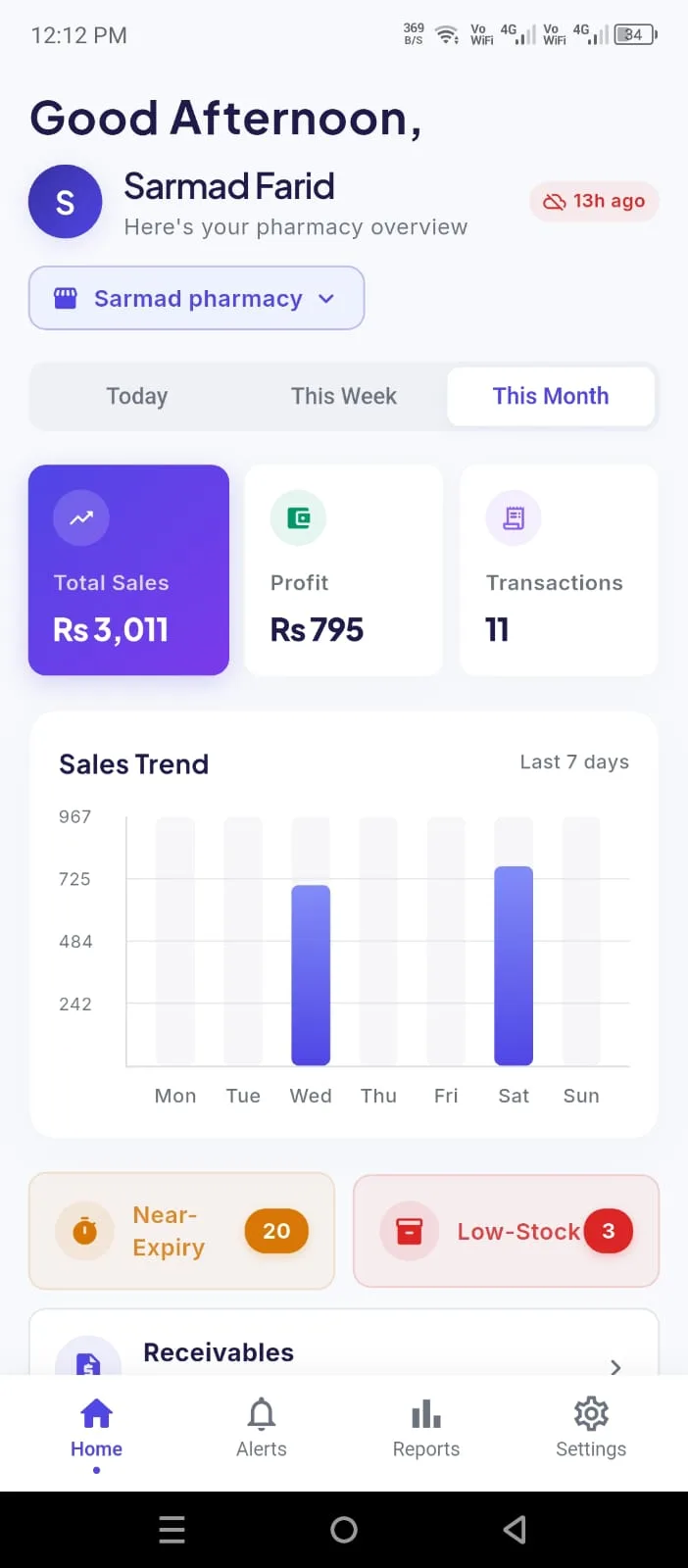 Owner mobile app dashboard showing the day’s sales, profit, transactions, a weekly sales trend and near-expiry and low-stock counts