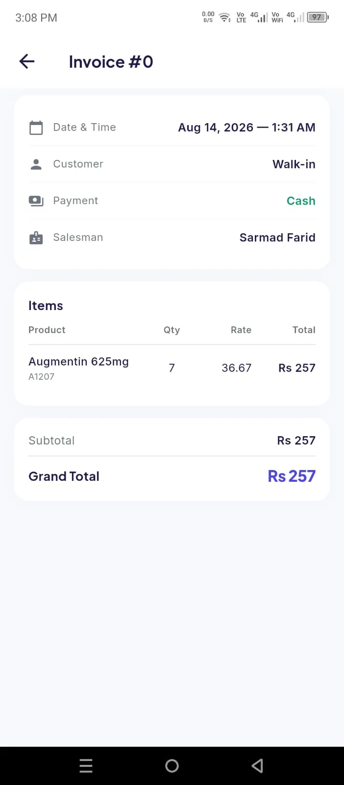 Owner app invoice detail showing date, customer, payment method, salesman and itemised totals