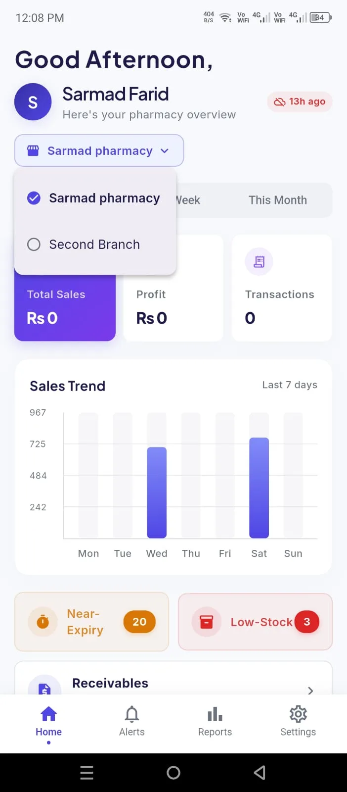 Owner app branch switcher — an owner with more than one pharmacy sees each branch’s own sales, alerts and activity