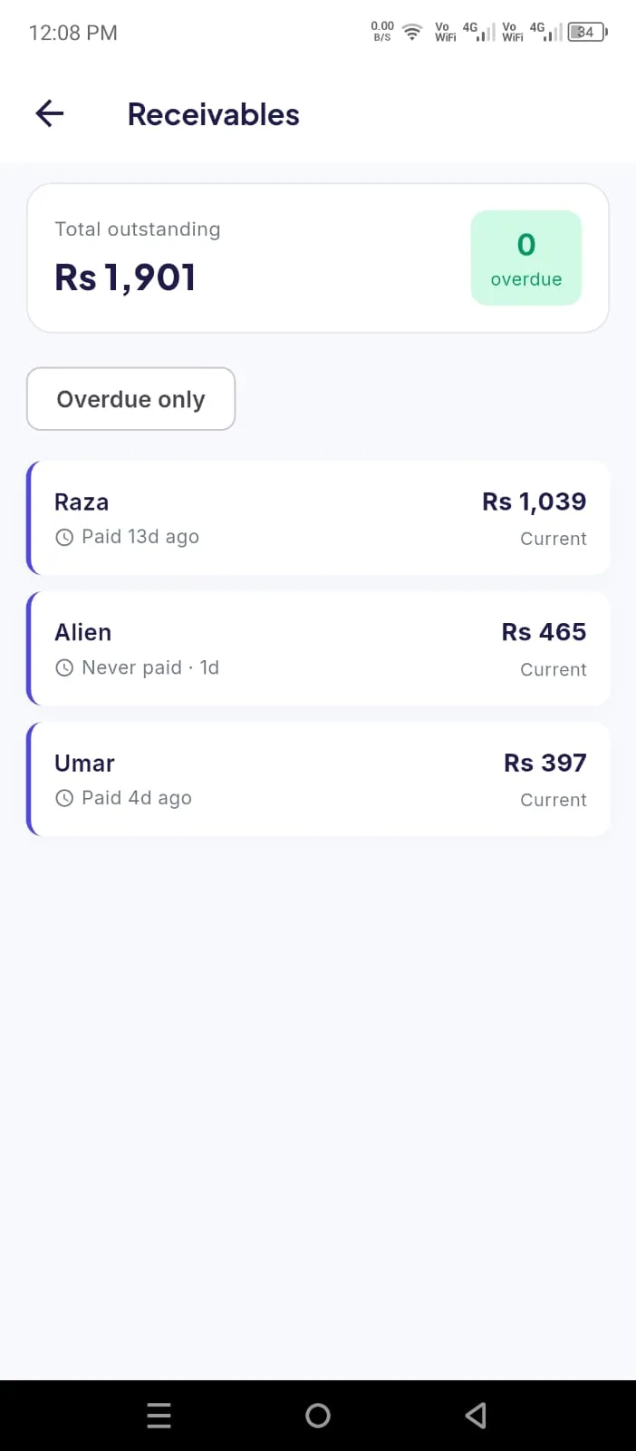 Owner app flagging customers whose Udhari has been outstanding too long, with the total amount pending to follow up on