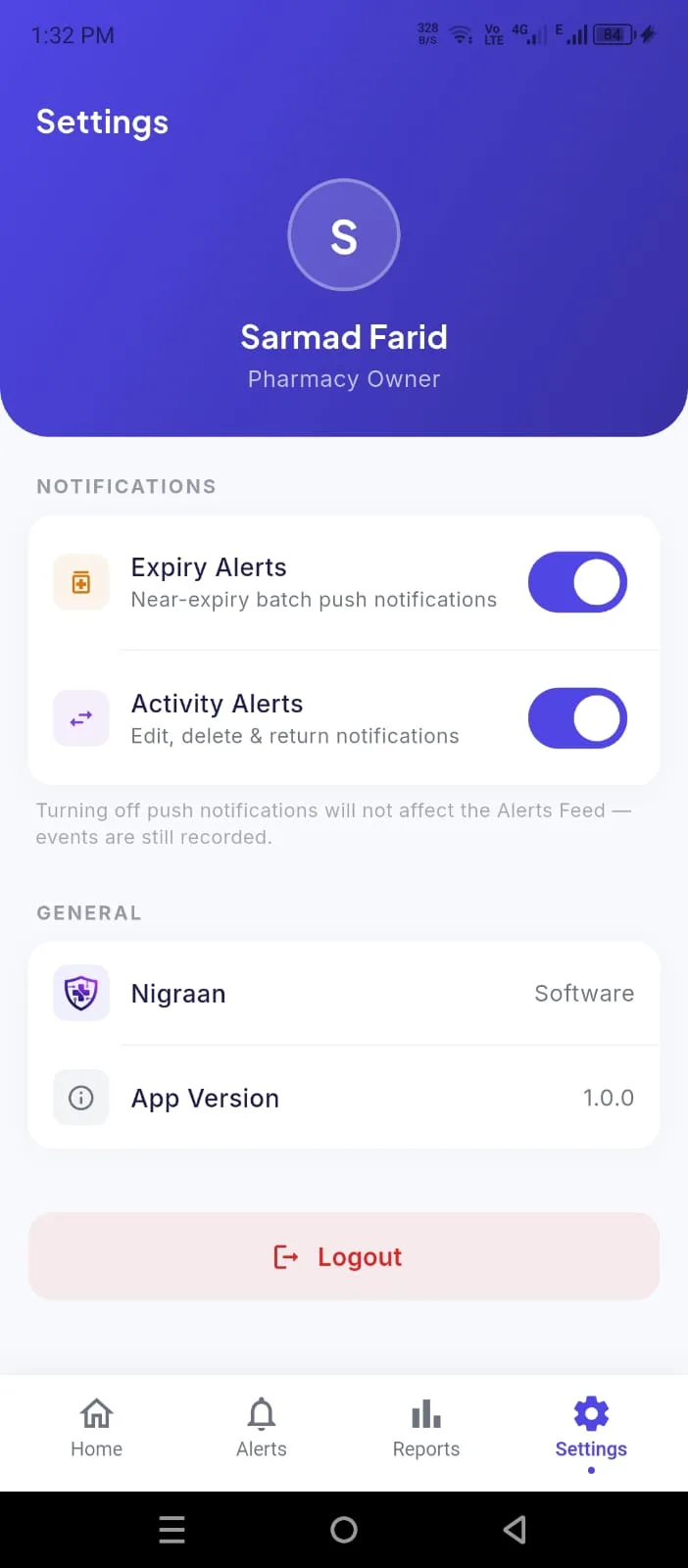 Owner app Settings showing expiry and activity alert toggles, app version and sign-out