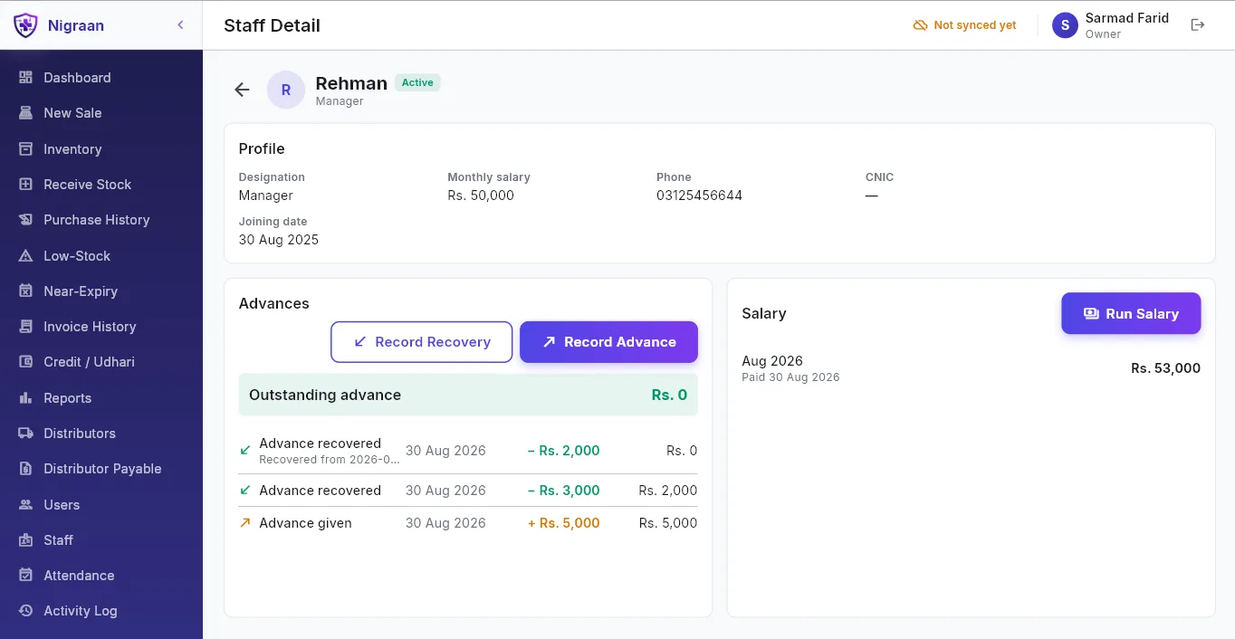 Nigraan staff management screen with staff profiles, attendance, advances (pesh-gi) and a monthly salary run
